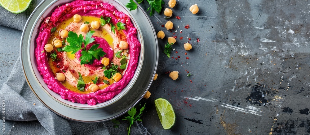 Leinwandbilder bowl of flavorful beet hummus with chickpeas garnished with lime and parsley on a textured grey tabl