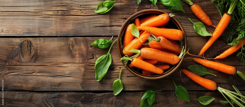 Poster bowl with baby carrots and green leaves on a wooden table with room for a text in the copy space ima