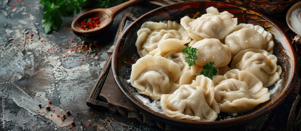 Aufkleber preparing traditional ural dumplings filled with minced pork and served on a plate with a tantalizin