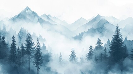 Fototapeta premium Watercolor travel themed background featuring a mountain scene camping elements a foggy forest hand drawn nature landscape clipart and printable art