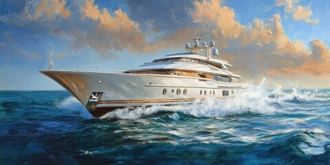 Obraz premium Oil painting depicting a luxury motoryacht in motion on water