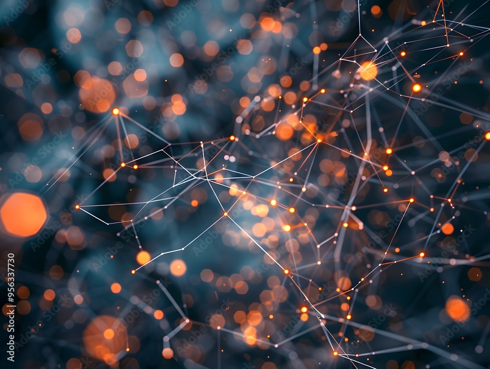 Poster abstract network of interconnected nodes with glowing points and lines on a dark background, represe