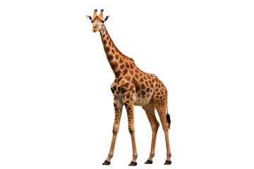 Obraz premium Giraffe standing tall with distinctive spotted pattern, isolated on a transparent PNG background for design projects.