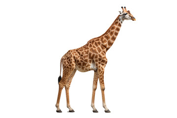 Naklejka premium Giraffe standing tall with distinctive spotted pattern, isolated on a transparent PNG background for design projects.
