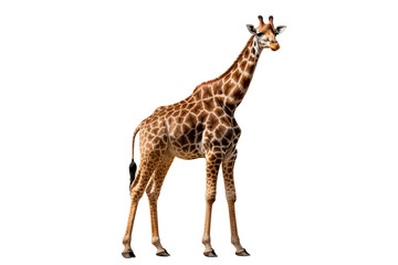 Naklejka premium Giraffe standing tall with distinctive spotted pattern, isolated on a transparent PNG background for design projects.