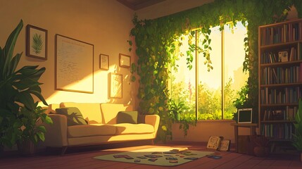 Cozy living space filled with sunlight and greenery, featuring a sofa and scattered cards on the floor.