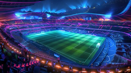 A vibrant night view of a modern football stadium, illuminated with colorful lights and a perfectly manicured pitch.