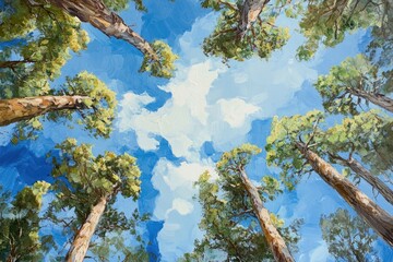Oil painting depicting a view of the sky amidst towering trees