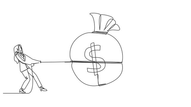 Animation of single continuous line drawing two businesswomen fighting over a money bag. Competition for the bigest money. Compete to reap as many profits as possible. Greedy. Full length motion