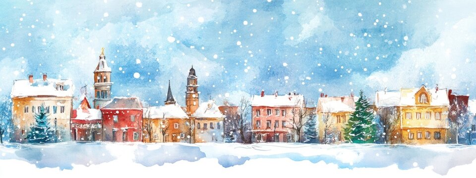 Winter watercolor illustration of an old city panorama Christmas theme