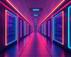 A neon-lit futuristic mall with animated deal boards, cyberpunk, digital art, high contrast neon colors