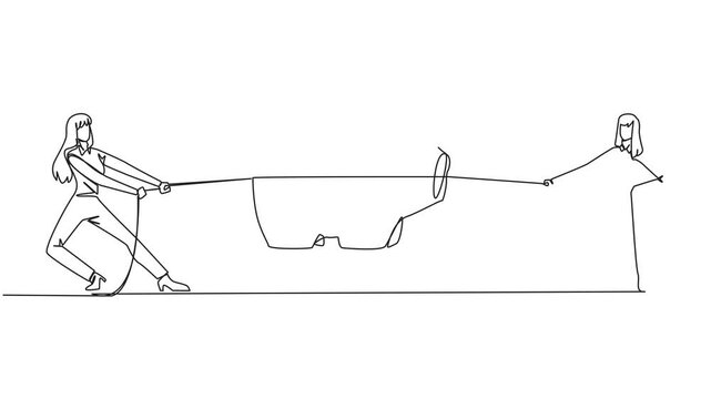Self drawing animation of continuous one line drawing two businesswomen fighting over piggy bank. Competition for investment. Save penny by penny for comfortable retirement life. Full length animated