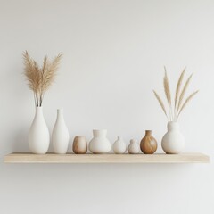Wooden floating shelf on white wall. Living room storage organization. Design of modern living room.
