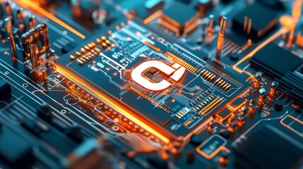 Futuristic Motherboard with Glowing Circuitry and Digital Symbol