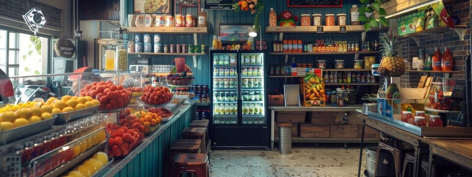 Rustic grocery store with fresh produce and vintage decor
