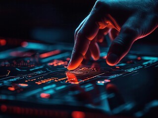 An AI assistant guiding customers through a holographic deals map, futuristic, neon, high-tech interface