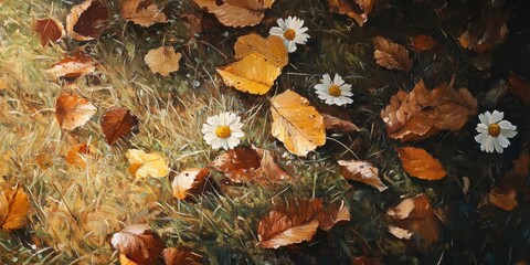 Obraz premium Oil painting depicting dry leaves and flowers on grass showcasing natural scenery and the effects of sunlight