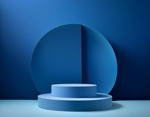 3D blue podium stand with circle glass backdrop is perfect for modern interior concept product display mockups. The stand is set on a floor and soft blue 