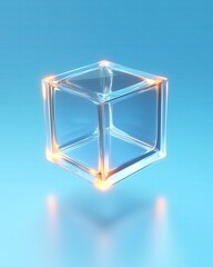 Transparent glass cube with glowing edges on blue background