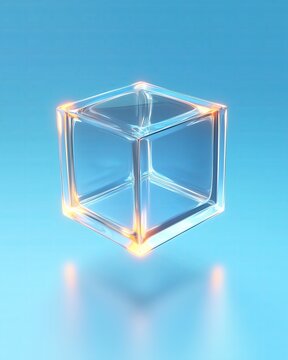 Transparent glass cube with glowing edges on blue background