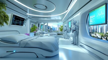 Futuristic Hospital Room with Robots and City View