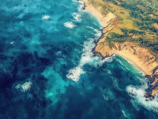 Aerial view oil painting showcasing a stunning coastal landscape with a vintage filter effect