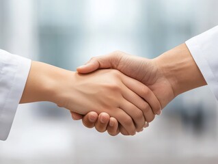 A close-up of two hands shaking, symbolizing agreement, partnership, or collaboration in a professional setting.