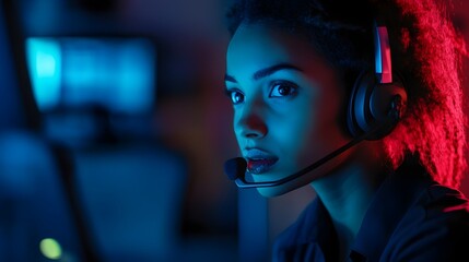 Closeup portrait of a focused call center worker listening attentively during a customer service call providing helpful and responsive support to the client