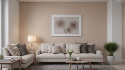 High-resolution living area with sofa and photo frames on the wall, other accessories interior design image template. Living room interior image.