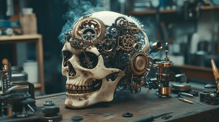 A mechanical steampunk skull with intricate gears, clockwork mechanisms, and steam pipes, resting on a workbench in a Victorian laboratory
