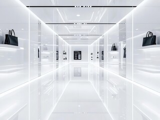 A modern store with sleek, minimalistic design and digital sale displays, minimalist, high-tech, sharp contrasts