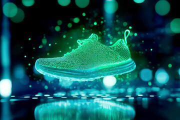 A glowing green sneaker with a unique design, surrounded by vibrant light effects, perfect for showcasing modern athletic footwear.