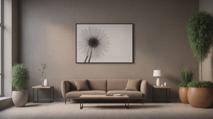High-resolution brown wall living room with sofa and photo frames on the wall, other accessories interior design image template. Living room interior image.