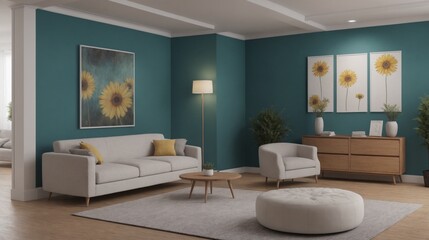 High-resolution green wall living area with sofa and photo frames on the wall, other accessories interior design image template. Living room interior image.