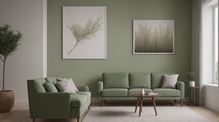 A beautiful green wall wooden flooring high-resolution living room with a green sofa and photo frames on the wall, other accessories interior design image template. Living room interior image.