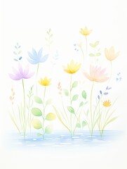 A serene and colorful watercolor illustration of blooming flowers by a gentle stream, perfect for springtime themes.