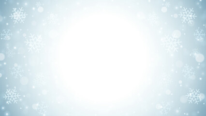 Light Christmas winter background with glow snowflakes 3d design realistic vector illustration. Blue gradient frozen falling snow backdrop ice crystal frost Xmas magic effect for banner greeting card