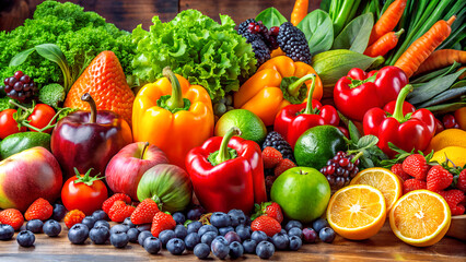 Fresh colorful fruits and vegetables on a wooden background