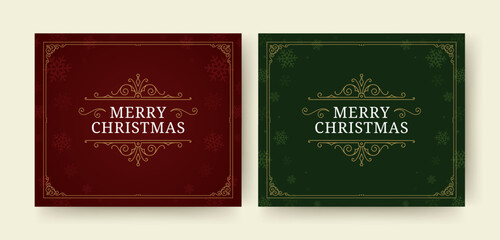 Merry Christmas luxury retro Victorian frame social media post design template set vector illustration. Winter holiday Xmas congratulations vintage royal golden border red green greeting card