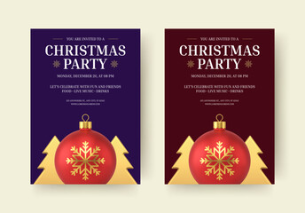 Christmas party invitation elegant flyer design template set realistic vector illustration. Xmas New Year winter holiday event announce promo poster with luxury ball toy snowfall golden spruce bauble