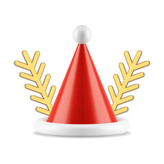 Christmas bauble red Santa Claus cone hat and golden spruce branch 3d icon realistic vector illustration. Xmas New Year toy souvenir premium metallic fir tree with traditional festive headdress