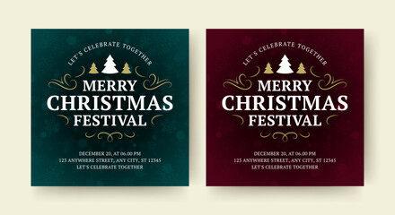 Merry Christmas music party festival social media post design template set vector illustration. Happy New Year winter holiday celebrate event squared flyer with glow light bokeh snowflakes and spruce