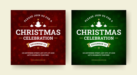 Christmas night party event announcement social media post design template set vector illustration. Xmas New Year winter holiday celebration invitation squared flyer with snowflakes background