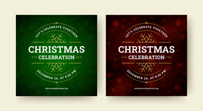 Christmas music party event celebration social media post design template set vector illustration. Xmas New Year musical disco festival red green squared flyer with snowflake glow spark bokeh