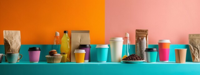 Colorful takeaway coffee cups and snack display on a vibrant background