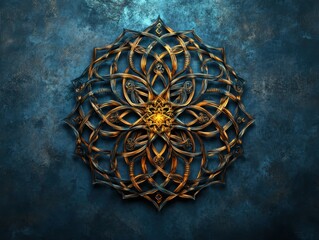 Intricate Golden Mandala on Textured Blue Background - Abstract Geometric Art with Detailed Patterns