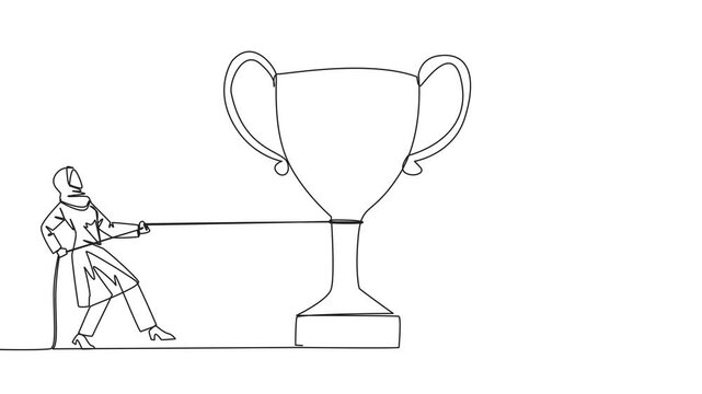 Animated self drawing of single one line drawing two Arabian businesswomen fighting for the trophy. Fighting against the hypocritical colleague. Against betrayal. Versus. Greedy. Full length animation