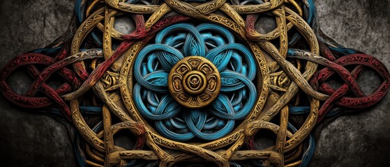 Obraz premium Intricate Celtic Knotwork Design with Vibrant Colors and Detailed Patterns on a Textured Background