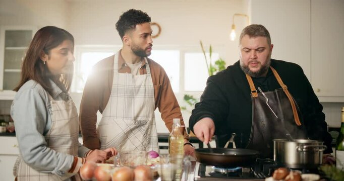 Teaching, chef and people in kitchen, stirring and mentor for internship, talking and listening. Vegetables, learning and questions for recipe, men and cooking for event in restaurant and dish
