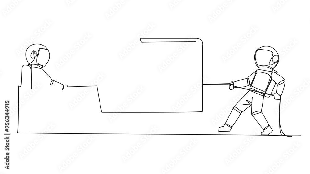 Poster animated self drawing continuous one line drawing two astronauts fighting over document folder. comp